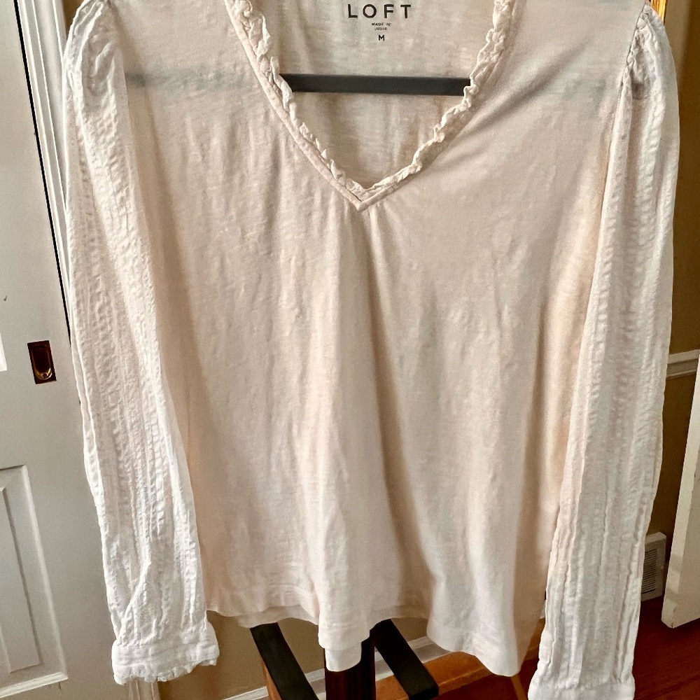 Loft Cream Cotton Blouse. Ruffle neckline and sleeves.